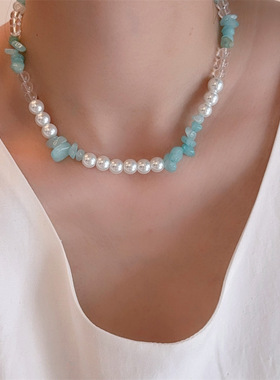 不规则湖蓝色天然石串珠珍珠项链