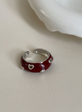 高级感几何滴油红色爱心戒指女轻奢个性小众时尚潮流百搭指环戒子