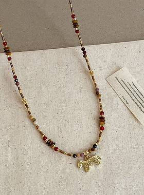 新中式天然石水晶串珠小马吊坠项链女复古轻奢气质时尚颈链锁骨链