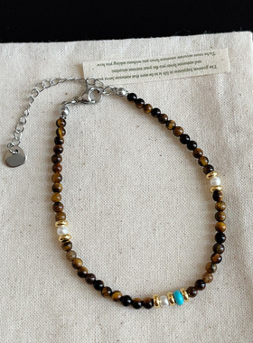 虎眼石天然石珍珠碎银手链女复古民族风轻奢时尚潮流百搭手环手饰