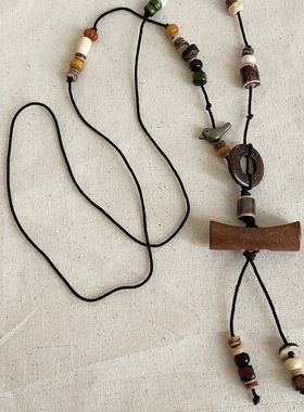 复古天然石串珠木质吊坠棉绳项链女民族风个性独特时尚颈链毛衣链