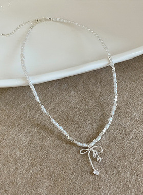 蝴蝶结爱心锆石吊坠珍珠碎银项链