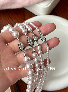 春夏新款不掉色元宝扣曼塔玫瑰粉紫色珍珠项链锁骨链轻奢高级感女