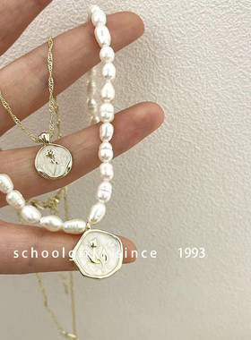 白色珐琅玫瑰花天然淡水珍珠项链