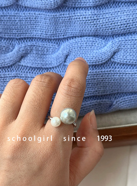 新款小众设计感白灰白金撞色S家珍珠戒指开口可调节个性食指戒