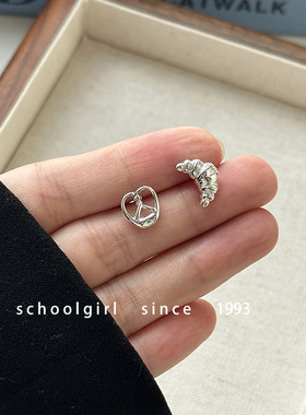 S925银针碱水结牛角包AB耳钉小众设计耳环精致小巧日韩新款