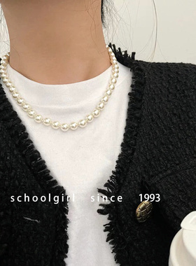 奶油白复古法式打结干枯玫瑰色S925纯银元宝扣珍珠项链锁骨链