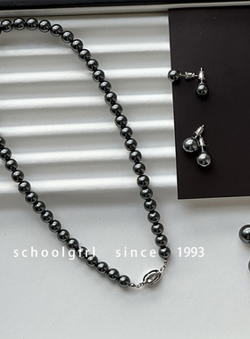 时髦个性倪妮同款不掉色元宝扣大溪地黑色珍珠项链锁骨链2025新款