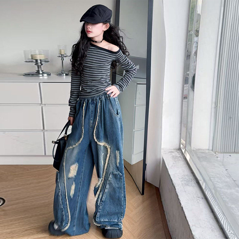 美式高街设计感解构流苏破洞牛仔裤女童2025秋季新款复古拖地裤,淘宝优惠券,粉丝福利购,淘宝优惠卷