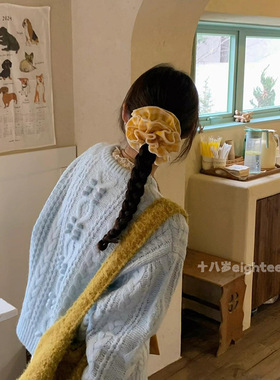 韩系黄色格子四层大肠发圈女高级感丸子头麻花辫超大简约发饰头绳