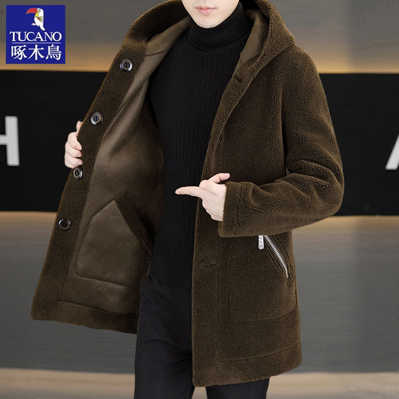 【两面可穿】啄木鸟皮毛一体男装中长款羊毛呢夹克中年爸爸装外套,淘宝优惠券,粉丝福利购,淘宝优惠卷