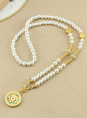 复古五福圆满金色仿珍珠项链景泰蓝吊坠中式长款配饰珠珠国风挂件