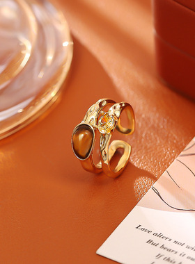 美拉德老钱风虎眼石开口戒指高级感时尚小众个性活口戒子秋冬饰品