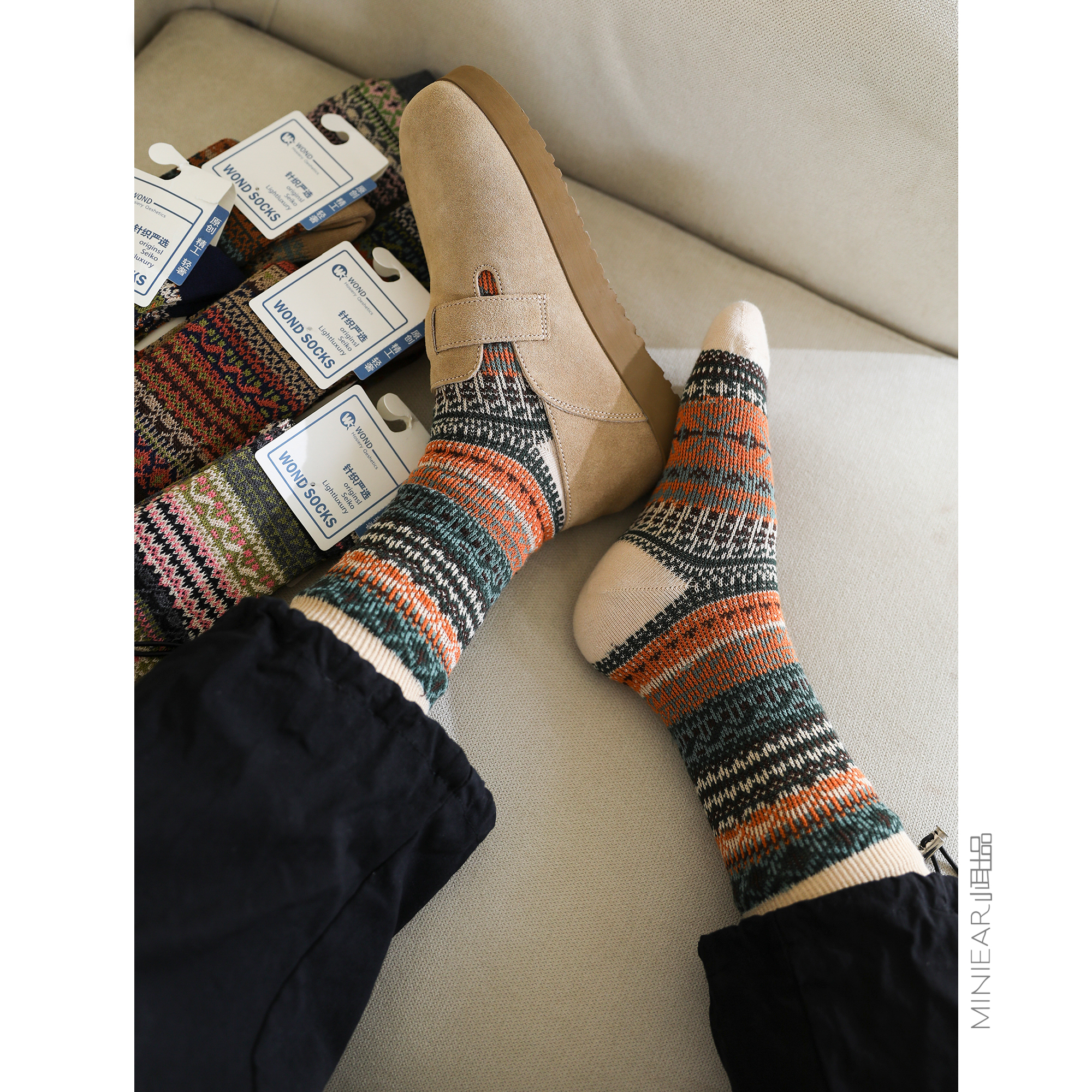 小耳出品【针织严选】美拉德配色复古民族风中筒袜秋冬款棉袜 - 图0