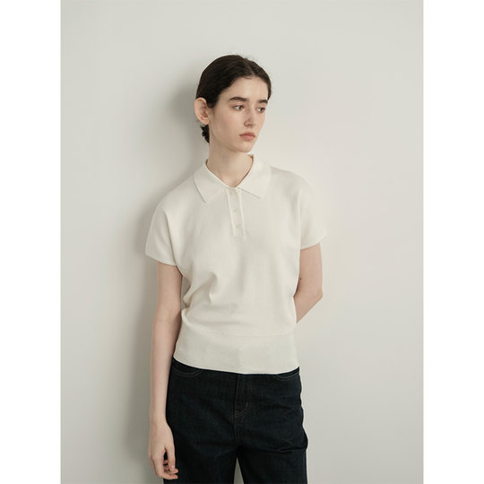 LINHOUSE复古白色Polo衫针织短袖上衣夏季通勤休闲学院气质t恤女