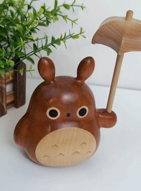 木质手工实木工艺品动物卡通网红大龙猫桌面摆件 搭配雨伞风车