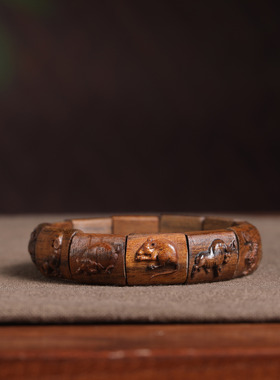 珍藏沉香木手串十二生木牌雕刻手串复古风文玩福字手串木镯子男女