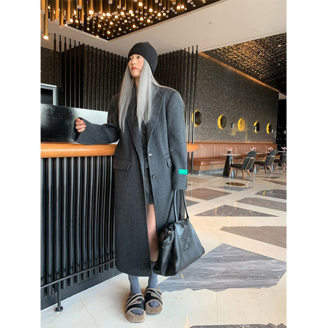 Luobian autumn and winter new loose mid-length double-sided tweed