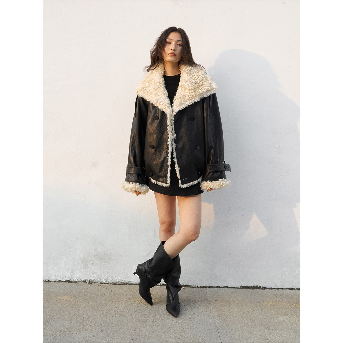 洛边 暮色旅人 原创翻领仿羊羔毛PU皮衣夹克宽松皮衣廓形外套女新,淘宝优惠券,粉丝福利购,淘宝优惠卷