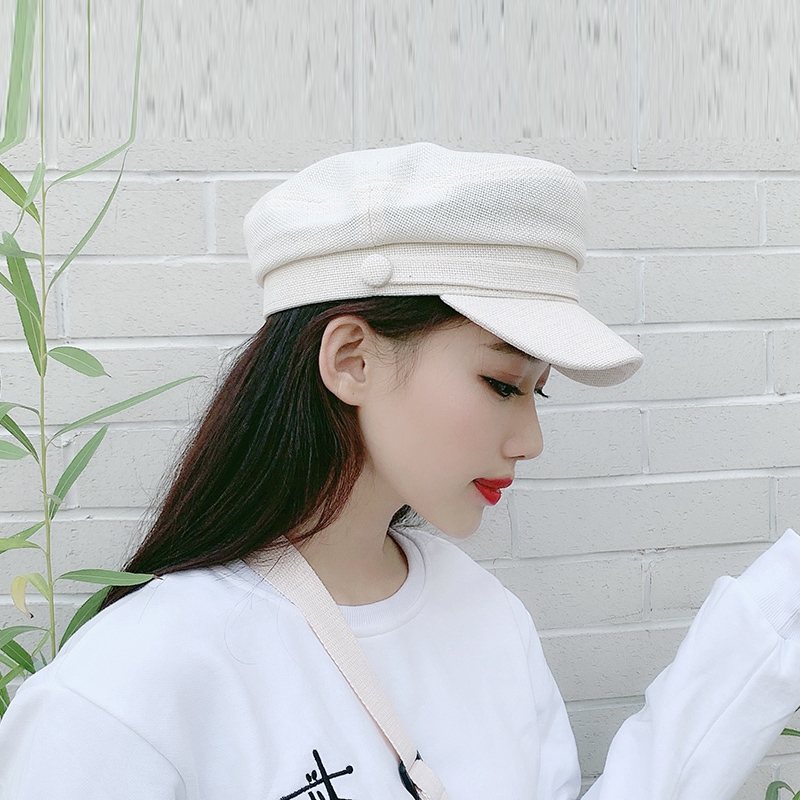 Light luxury hat日本棉麻平顶海军帽子女春夏网红款ins日系复古英伦八角贝雷帽潮1