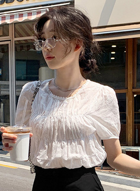 韩国直邮法式慵懒圆领短袖衬衫女