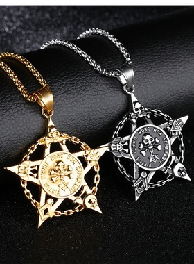 促销新款嘻哈淘宝爆款双面骷髅五角星项链 钛钢不锈钢链个性霸气