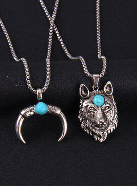 民族风仿绿松石飞鹰狼头吊坠复古珊瑚牛角项链国潮汉服配件挂饰