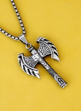 复古维京人战斧钛钢男士吊坠 哑铃健身配饰不锈钢项链厂家直销