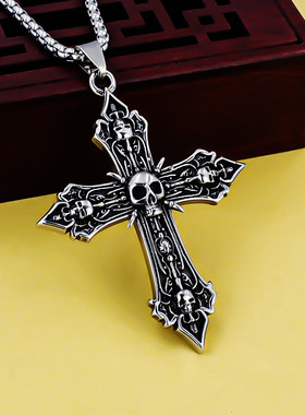 欧美复古男士不锈钢吊坠项链双面骷髅十字架挂件巴洛克镂空饰品