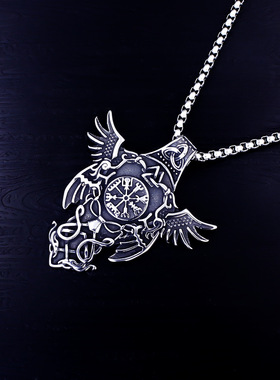 大牌钛钢项链双乌鸦霸气符文不锈钢吊坠男士礼物北欧饰品批发