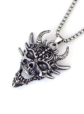 跨境银角般若项链男士鬼怪面具吊坠恶魔恐怖霸气不锈钢项链批发
