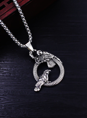 跨境欧美复古项链男不锈钢镂空圆环双乌鸦嘻哈朋克风钛钢项饰