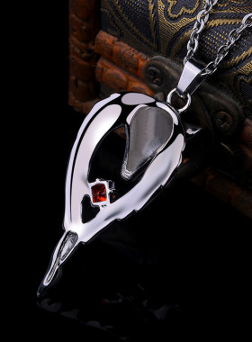 跨境电商外贸复古配饰 原创设计狼头吊坠男士红锆石豹头项链