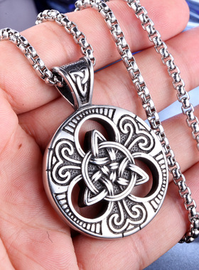 欧美复古潮男朋克爱尔兰同心结圆牌吊牌吊坠项链毛衣配不锈钢链