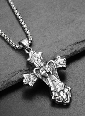 外贸饰品批发欧美个性复古十字架男士嘻哈钛钢吊坠项链石纹天使