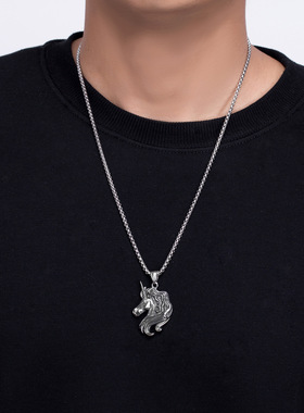 欧美复古钛钢独角兽项链不掉色生肖马吊坠 个性潮流钛钢配饰项坠