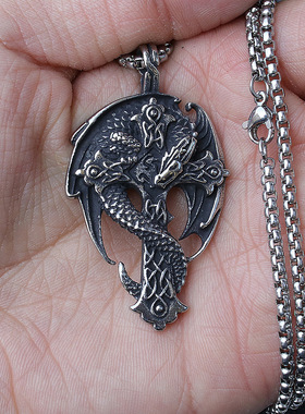 国潮风霸气中国龙项链复古嘻哈风生肖龙吊坠跨境欧美钛钢毛衣链男