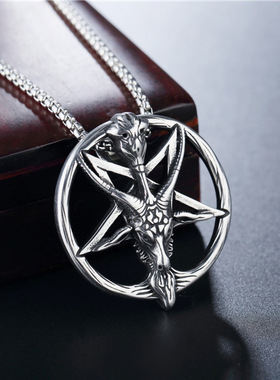 跨境魔神潘神圆形不锈钢项链复古朋克个性男士撒旦霸气毛衣链