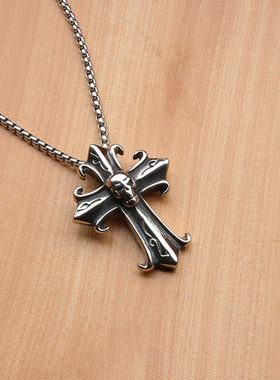 2023哥特复古十字架鬼头男士钛钢吊坠项链时尚潮人朋克饰品批发