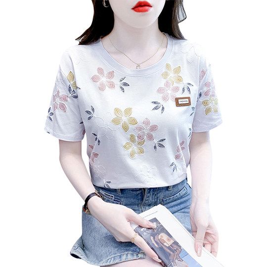时尚印花短袖t恤女宽松休闲百搭女士上衣2025夏季圆领雪纺衫体恤