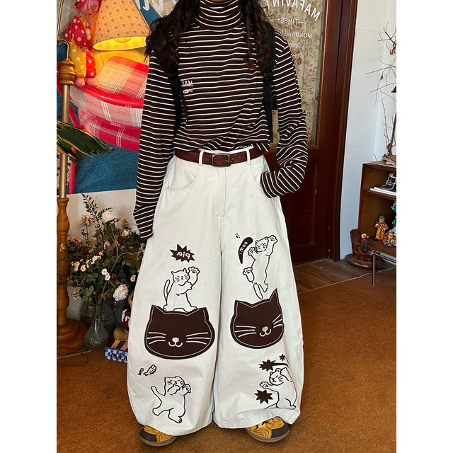 C2 homemade / American retro cat ພິມກາງເກງຂາກວ້າງແລະ jeans 2026 ກາງເກງກາງເກງຊື່ຂອງແມ່ຍິງ