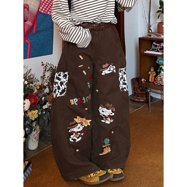 C2 homemade/American retro style ກາຕູນ embroidered jeans ສໍາລັບແມ່ຍິງ, ກາງເກງຂາກວ້າງວ່າງອະເນກປະສົງ