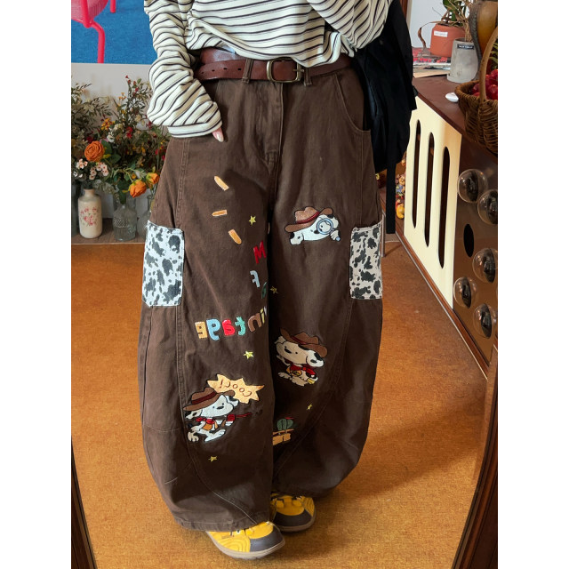 C2 homemade/American retro style ກາຕູນ embroidered jeans ສໍາລັບແມ່ຍິງ, ກາງເກງຂາກວ້າງວ່າງອະເນກປະສົງ