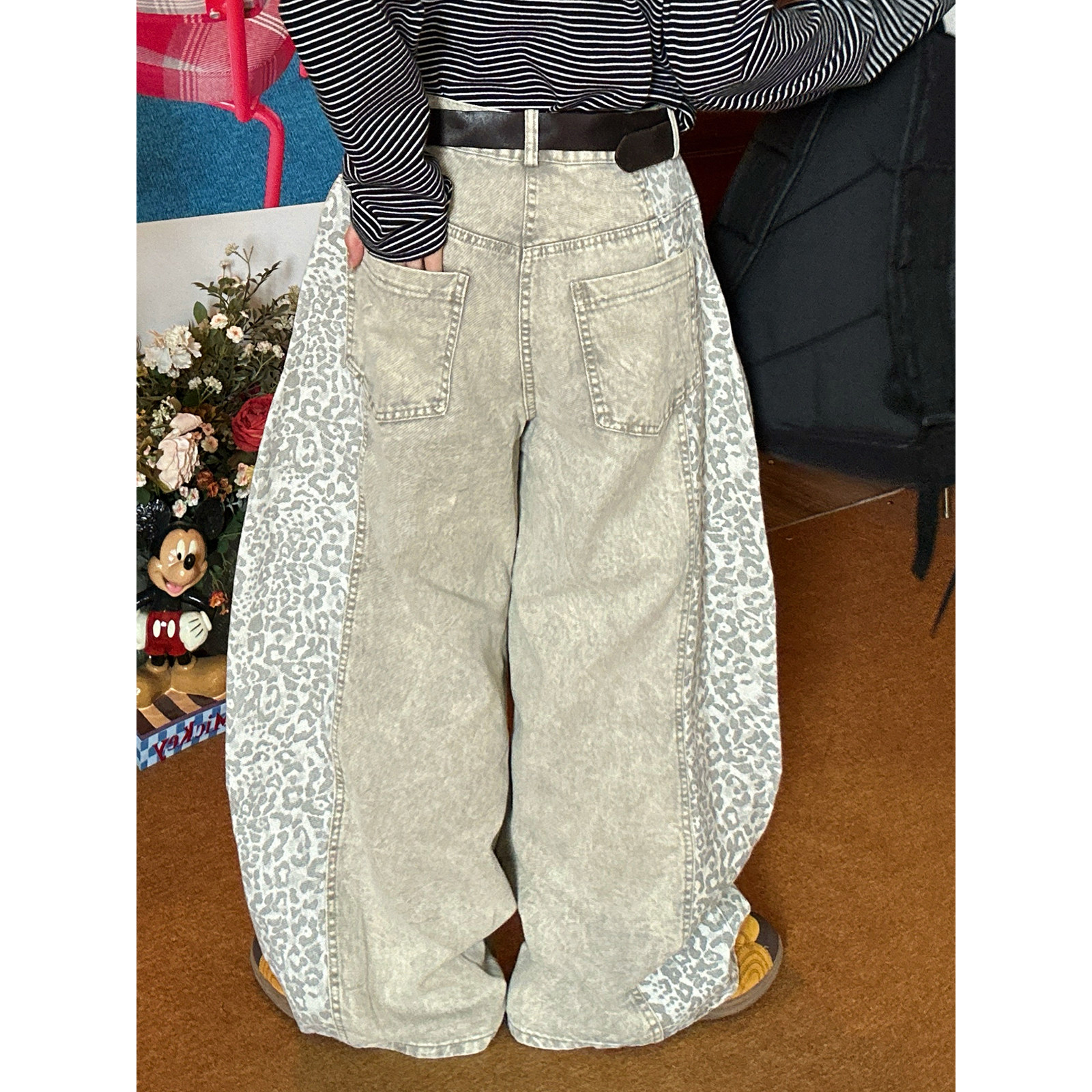 【新品买二送一】复古豹纹拼接阔腿裤女老钱风立体剪裁弯刀裤长裤,淘宝优惠券,粉丝福利购,淘宝优惠卷