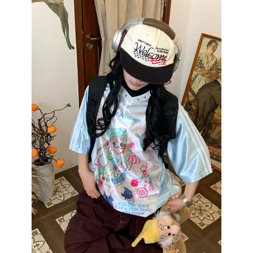 C2自制/动漫卡通印花短袖T恤女y2k星星铆钉宽松显瘦上衣夏季新款 - 图0