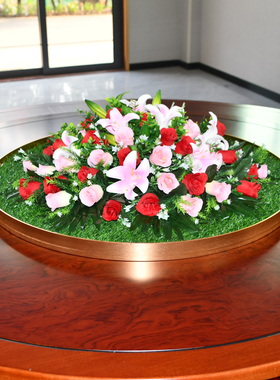 绢花圆形转盘餐桌中间一体