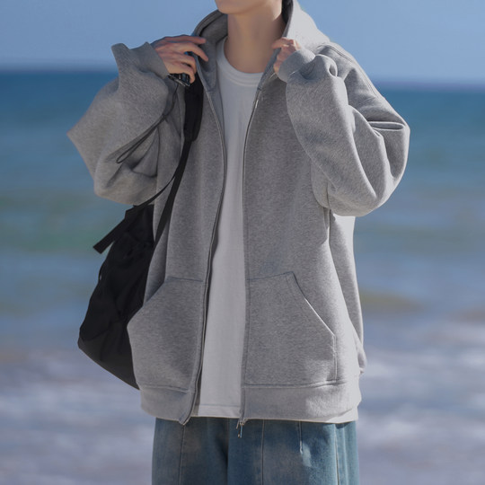 Hong Kong literary men's gray hooded cardigan sweatshirt jacket