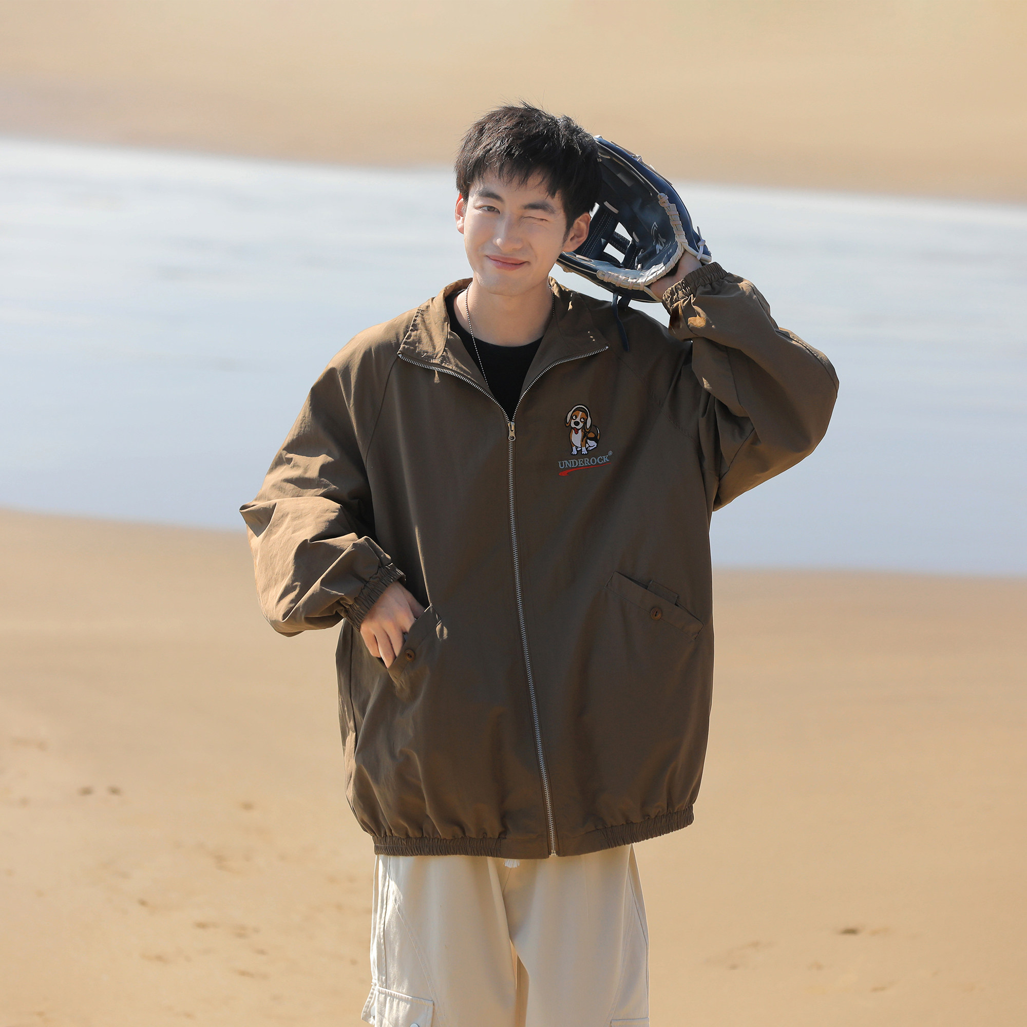 GOOZI MADE 日系飞行员夹克男春季宽松小狗刺绣宽松复古立领夹克,淘宝优惠券,粉丝福利购,淘宝优惠卷