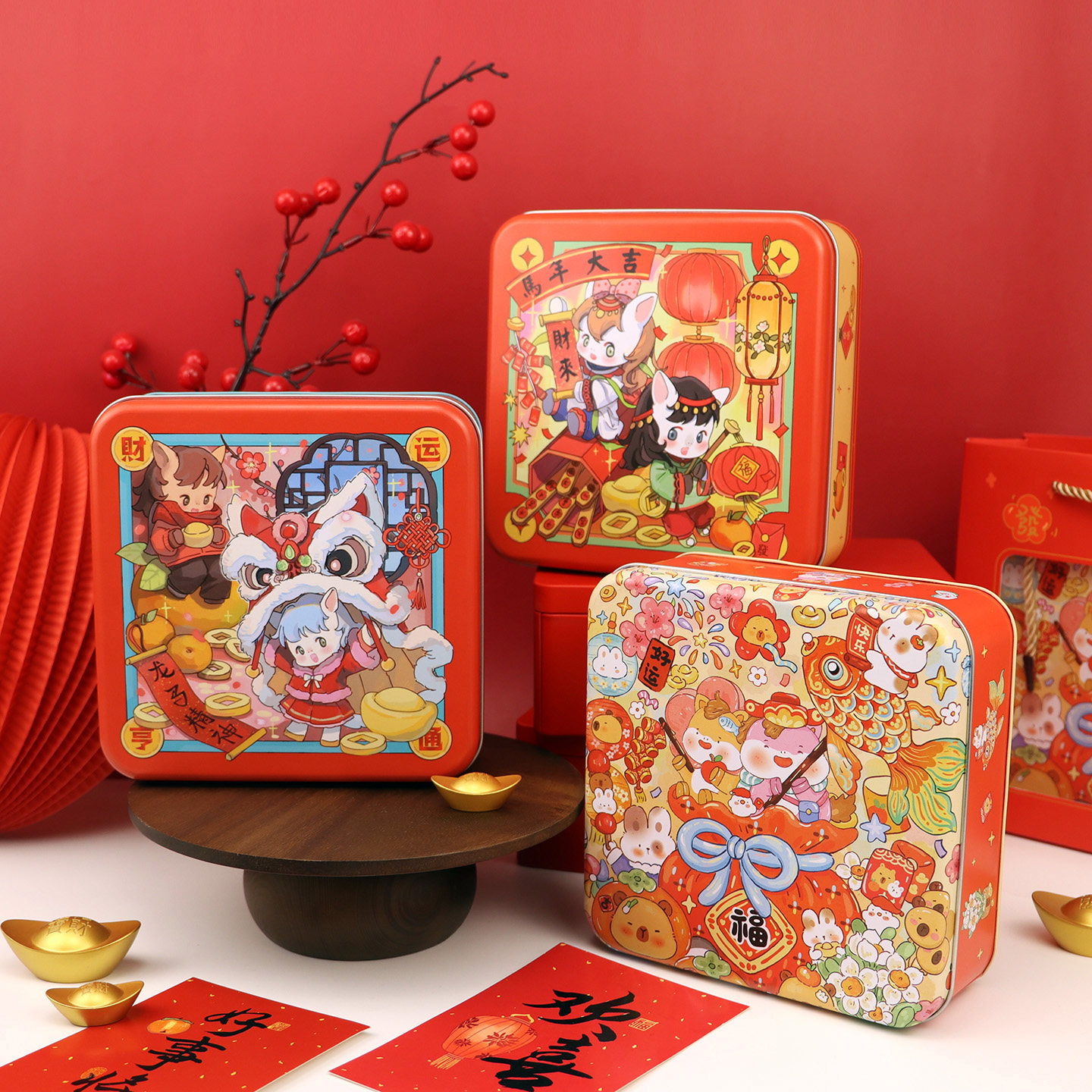 马年生肖原创手绘正方形曲奇饼干雪花酥糖果点心礼品包装马口铁盒,淘宝优惠券,粉丝福利购,淘宝优惠卷