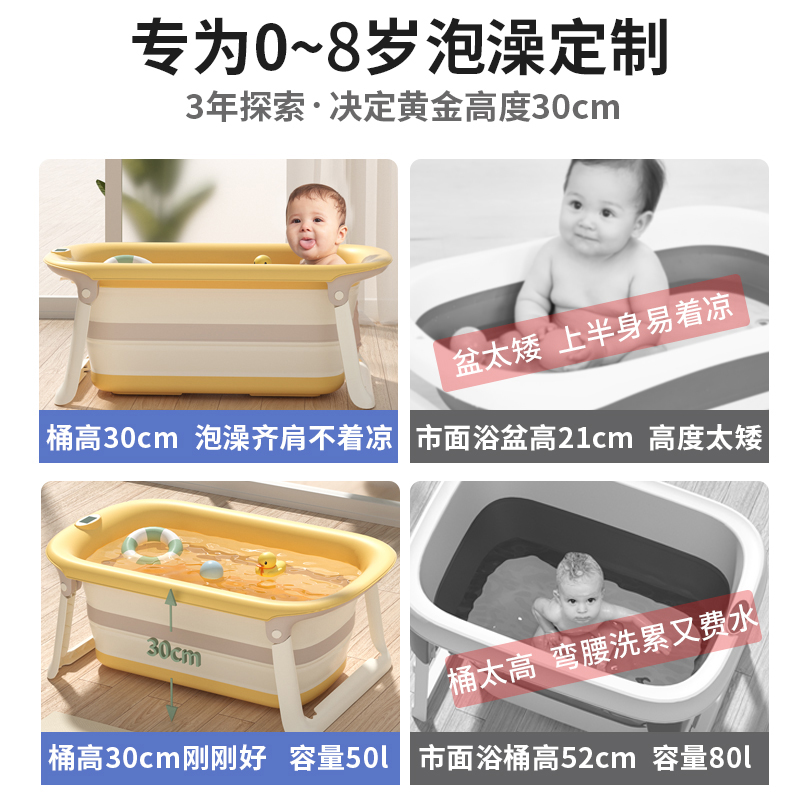 感温儿童洗澡桶宝宝家用泡澡桶可折叠新生婴儿浴盆坐躺沐浴桶大号 - 图0